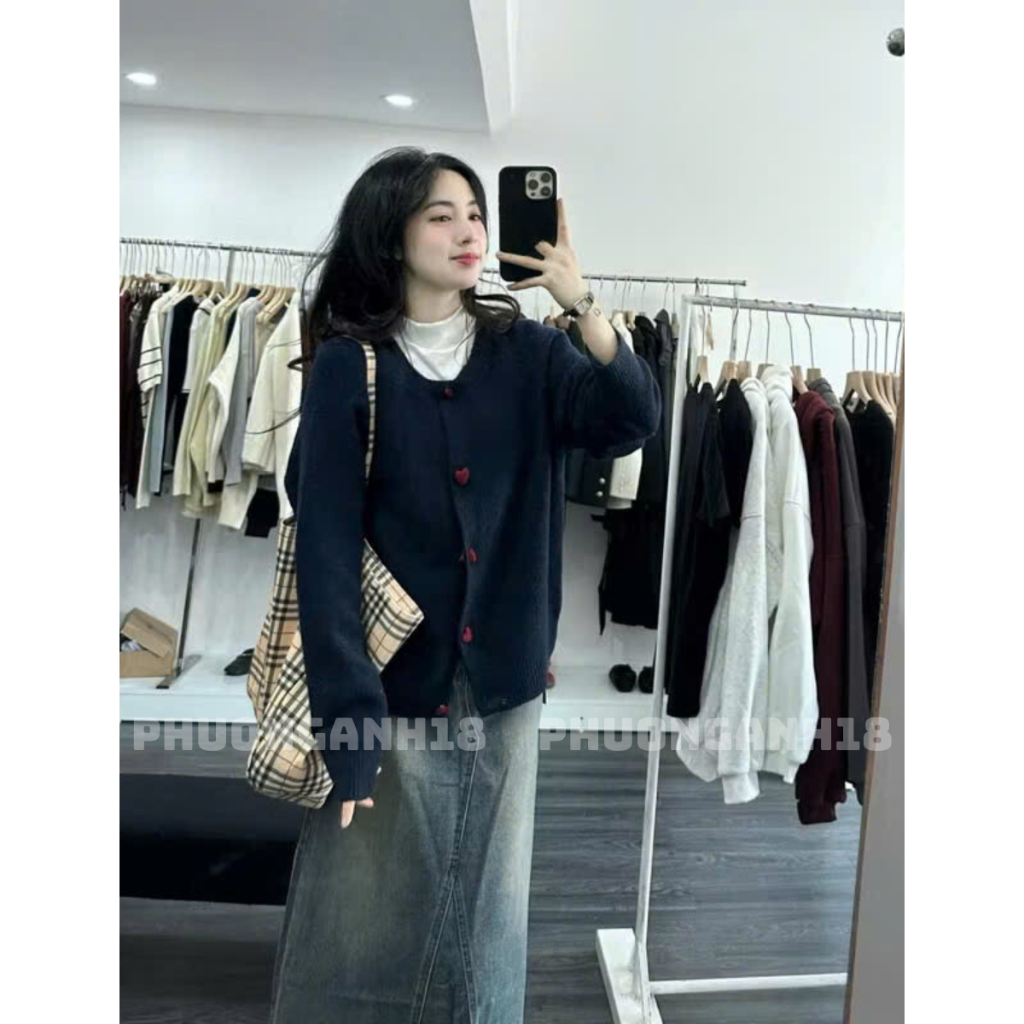 Áo len Cardigan cúc tim hàng QC phong cách hàn quốc