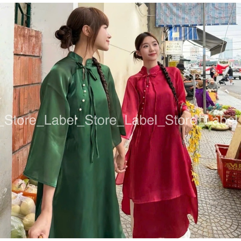 Áo dài tơ bóng cổ xéo buộc nơ đính ngọc, áo cách tân