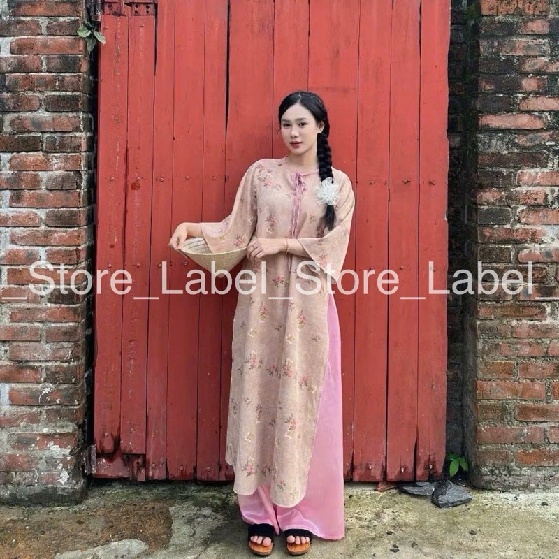 Áo dài Tử Kỳ nhung chéo in hoa nhí ba màu, áo dài cách tân cổ nơ hoa nhí