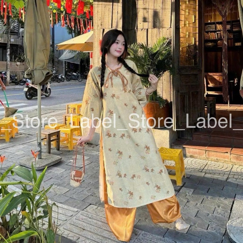 Áo dài Tử Kỳ nhung chéo in hoa nhí ba màu, áo dài cách tân cổ nơ hoa nhí