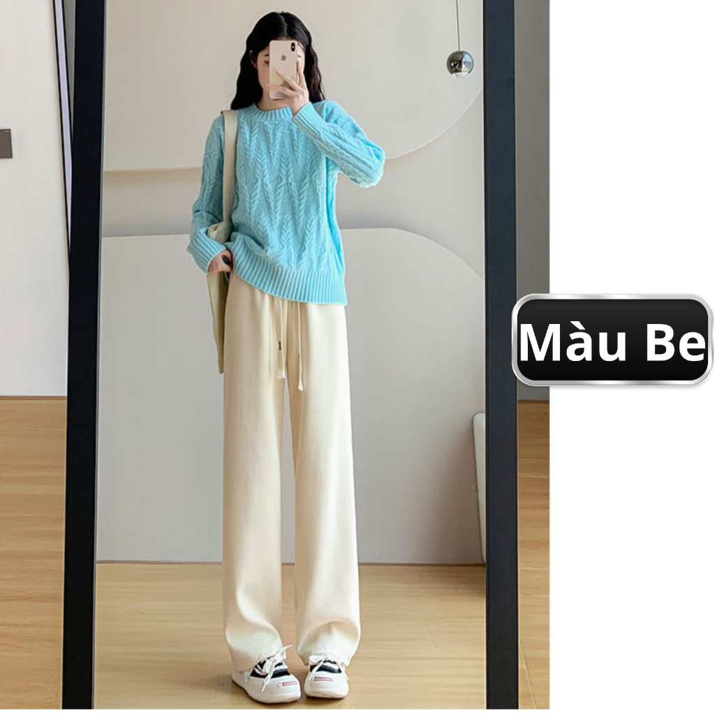 Quần ống rộng nỉ nhung tăm dài ống suông cạp chun lưng cao dây rút chỉnh eo (Datthustore - MS57)