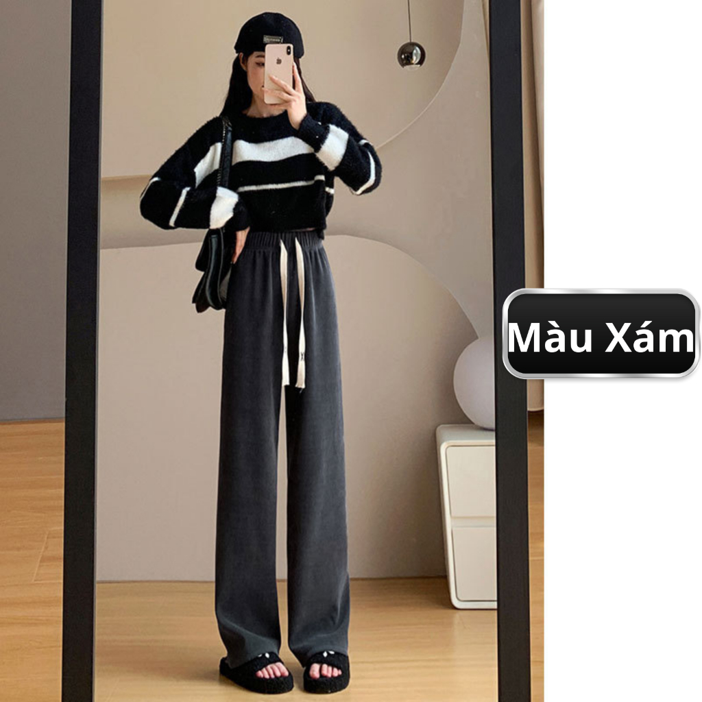 Quần ống rộng nỉ nhung tăm dài ống suông cạp chun lưng cao dây rút chỉnh eo (Datthustore - MS57)