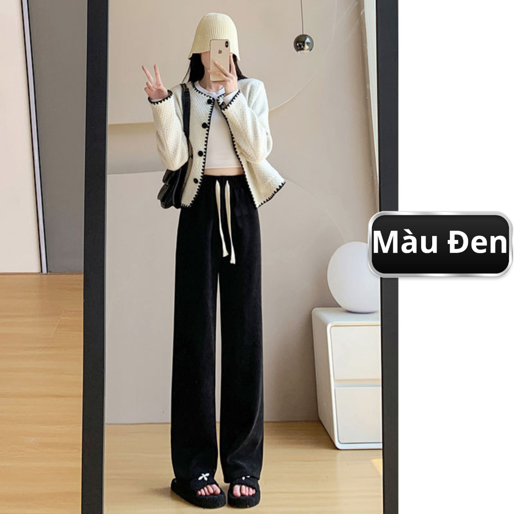 Quần ống rộng nỉ nhung tăm dài ống suông cạp chun lưng cao dây rút chỉnh eo (Datthustore - MS57)