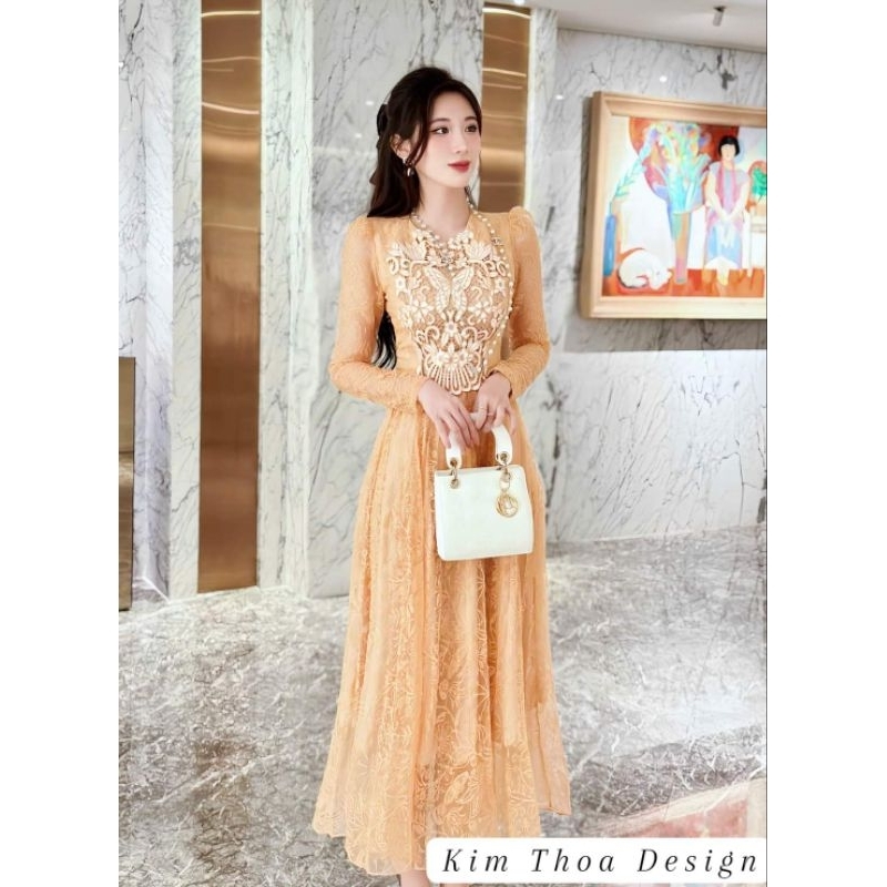 Váy thiết kế ren nude thêu hồ điệp Cover Amyyy sang chảnh – Limited Kim Thoa Design | Kèm video thật