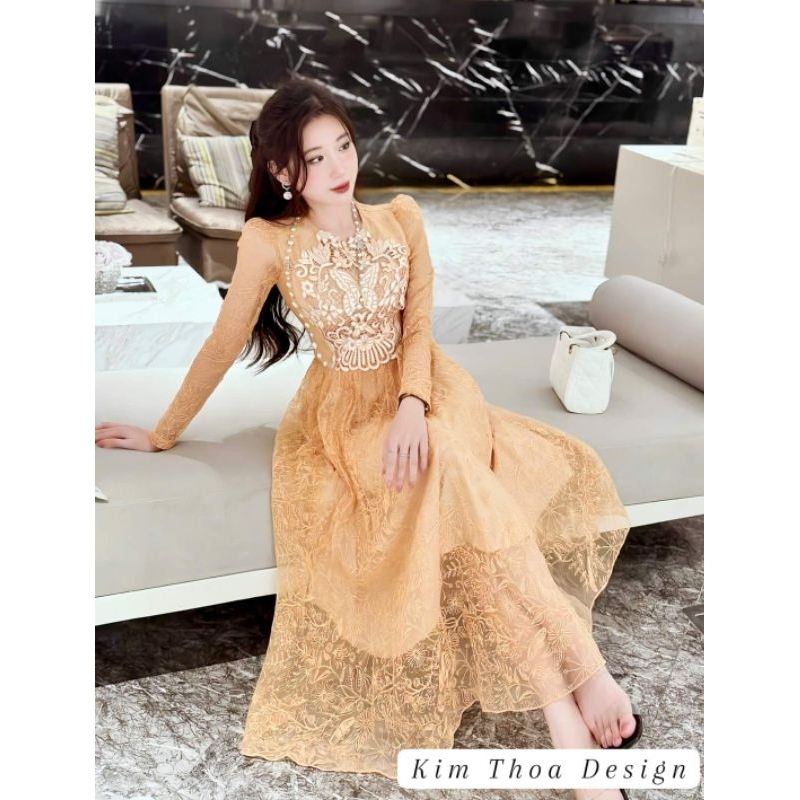 Váy thiết kế ren nude thêu hồ điệp Cover Amyyy sang chảnh – Limited Kim Thoa Design | Kèm video thật