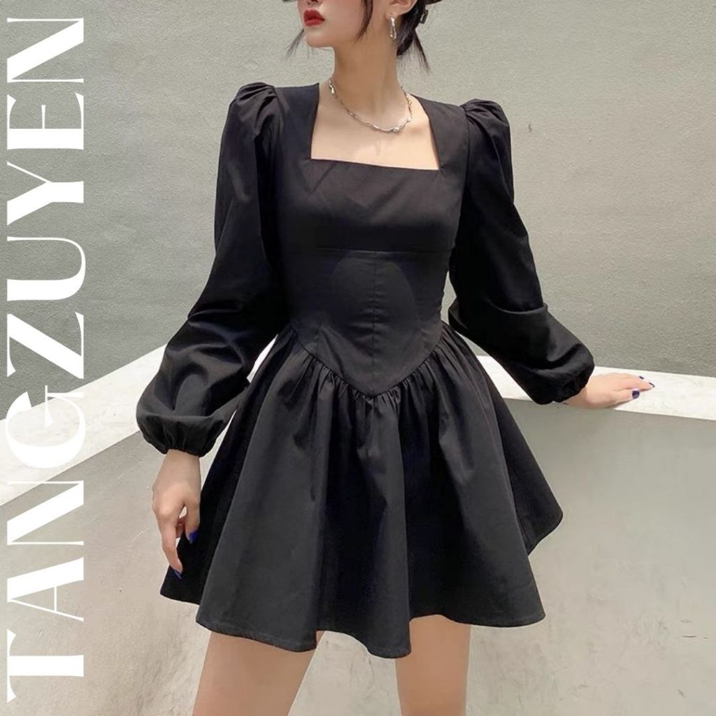 Đầm nữ đen dáng xòe tay dài bồng kiểu dáng hàn quốc Váy nữ ngắn cổ vuông dự tiệc tôn eo sang chảnh T58G