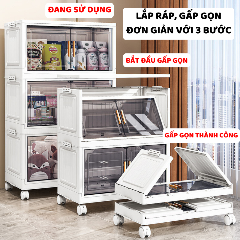 Tủ Nhựa Đựng Đồ Đa Năng ENODA HOME, Tủ Gấp Gọn Cửa Trong Tay Cầm Mạ Vàng Có Bánh Xe Xoay 360 TUN049
