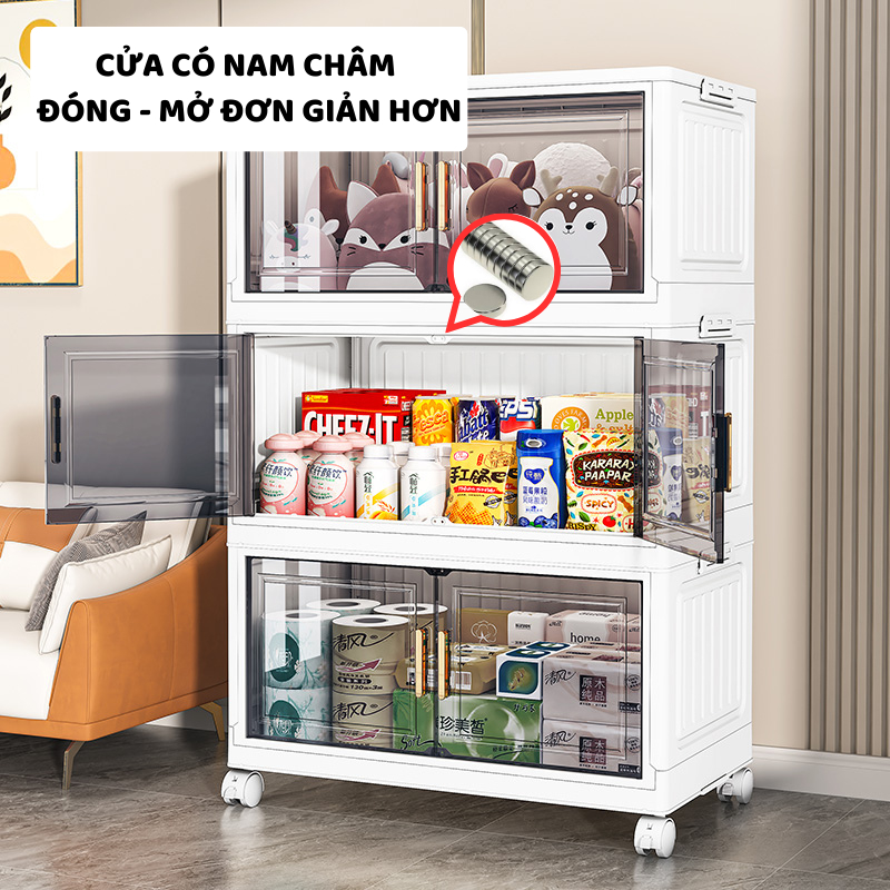 Tủ Nhựa Đựng Đồ Đa Năng ENODA HOME, Tủ Gấp Gọn Cửa Trong Tay Cầm Mạ Vàng Có Bánh Xe Xoay 360 TUN049