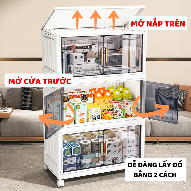 Tủ Nhựa Đựng Đồ Đa Năng ENODA HOME, Tủ Gấp Gọn Cửa Trong Tay Cầm Mạ Vàng Có Bánh Xe Xoay 360 TUN049