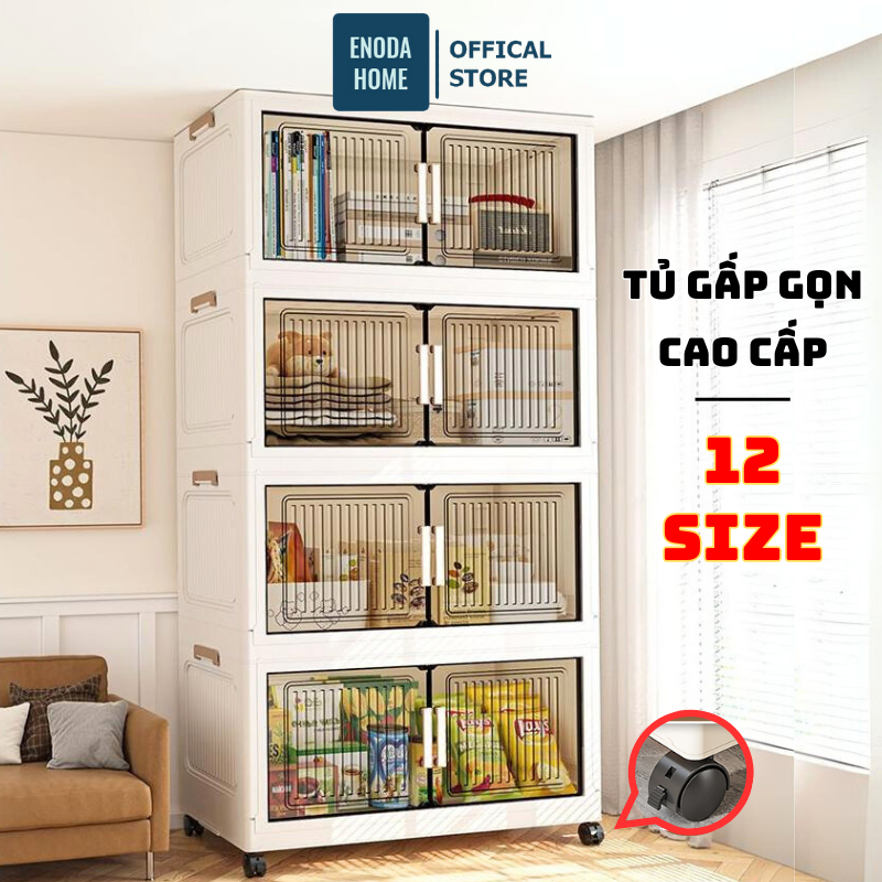 [KÍCH THƯỚC LỚN 80CM] Tủ Nhựa Gấp Gọn ENODA HOME, Tủ Đựng Đồ, Đựng Quần Áo Có Bánh Xe Cửa Trong Suốt TUN048