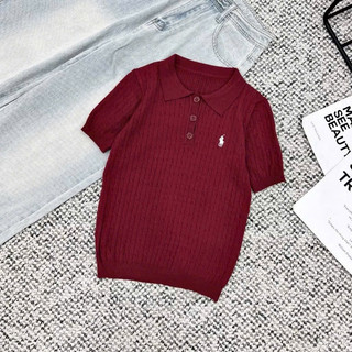 Áo len nữ cộc tay polo hình ngựa thêu cổ bẻ free size len xoắn thừng mã 389