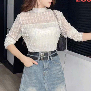 Áo Ren Xốp Lưới Viền Có Nót Cổ 3F Dáng Basic Dễ MẶC