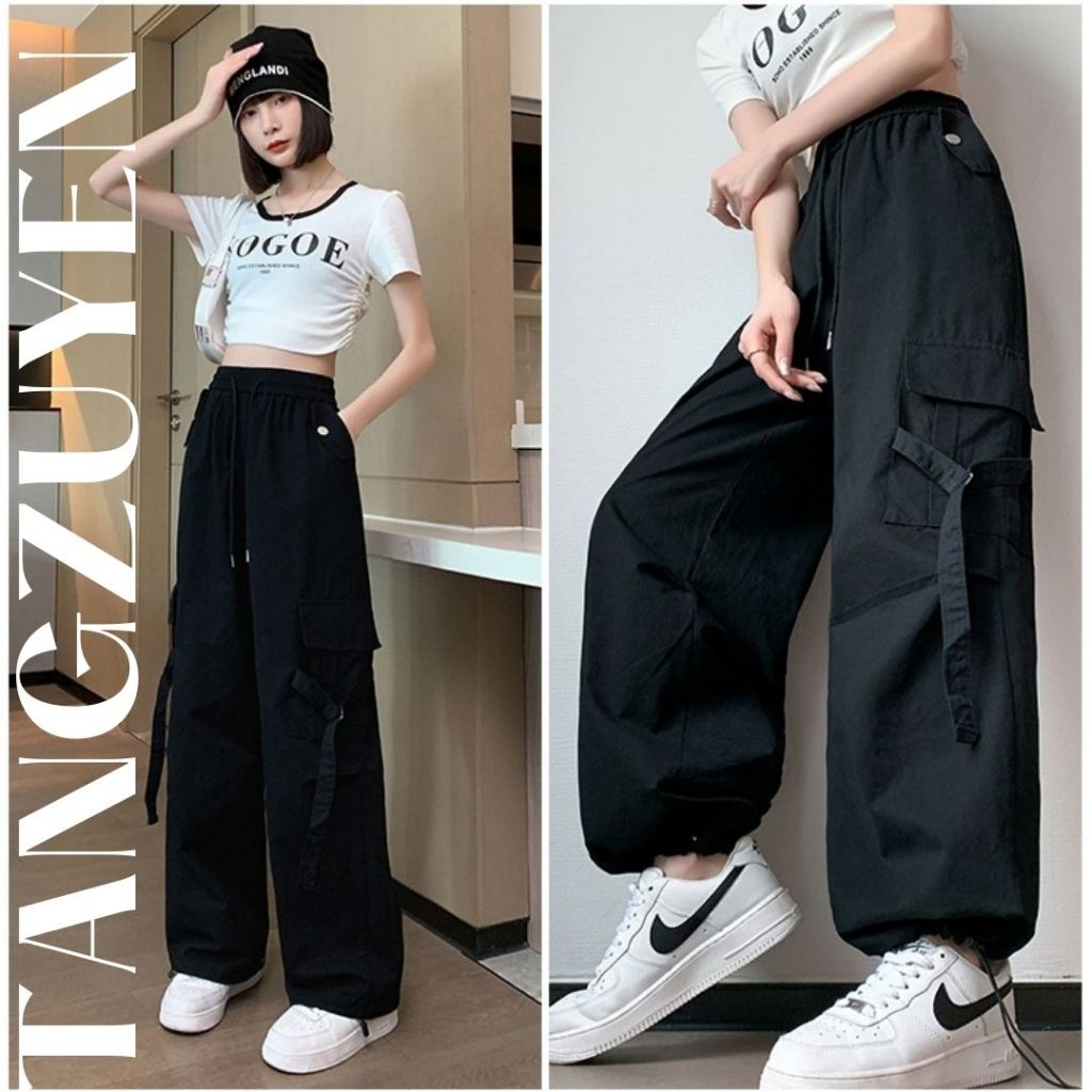 Quần Ống Rộng Hiphop Túi Hộp Kaki Có Dây Rút Quần Jogger dài dáng suông rút gấu cá tính phối Croptop T39G
