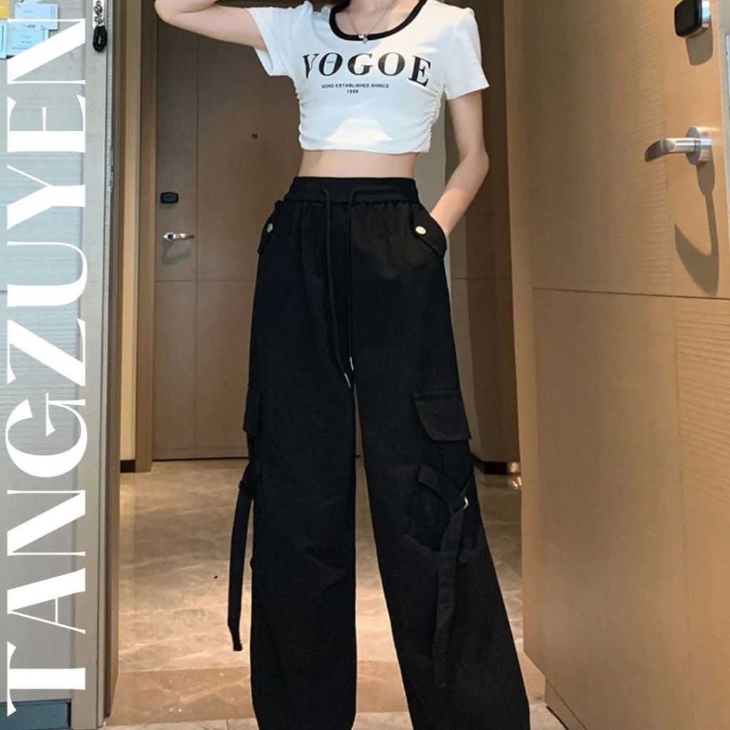 Quần Ống Rộng Hiphop Túi Hộp Kaki Có Dây Rút Quần Jogger dài dáng suông rút gấu cá tính phối Croptop T39G