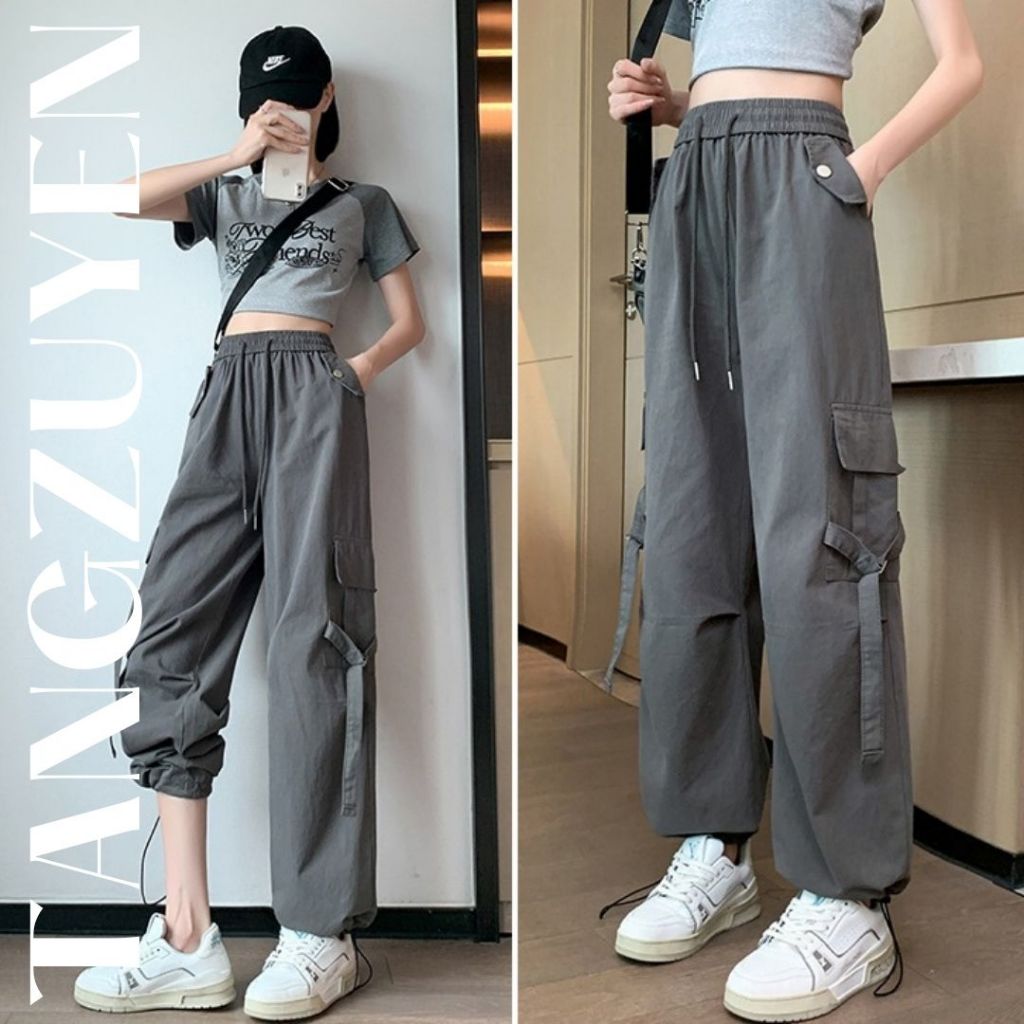 Quần Ống Rộng Hiphop Túi Hộp Kaki Có Dây Rút Quần Jogger dài dáng suông rút gấu cá tính phối Croptop T39G