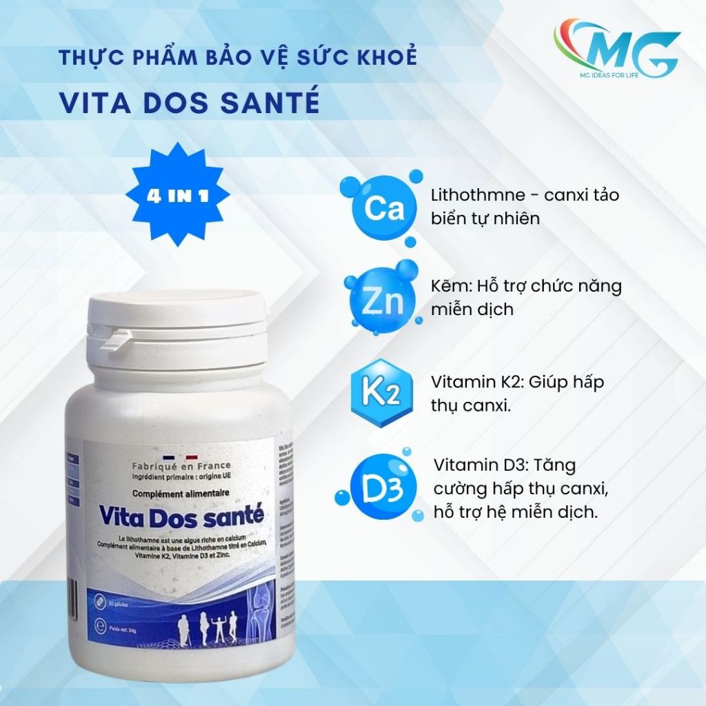 Vitamin Tổng Hợp Bổ Sung Canxi, D3K2, Kẽm, Tăng Sức Khoẻ Xương, Hỗ Trợ Miễn Dịch Hộp 60 Viên - VITA DOS SANTÉ