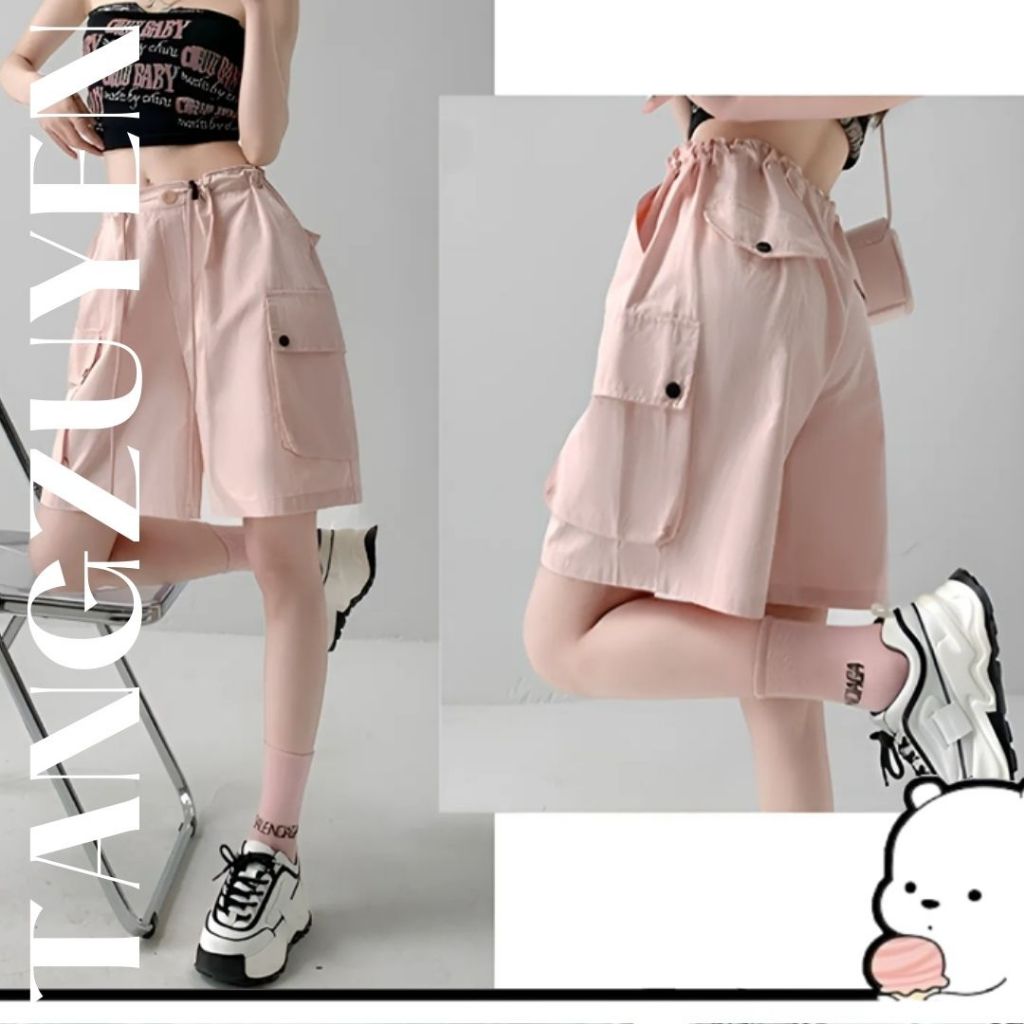 Quần short kaki mềm ống rộng túi hộp cạp rút Quần sooc ngố nữ đen hồng be xám có chốt điều chỉnh T69G