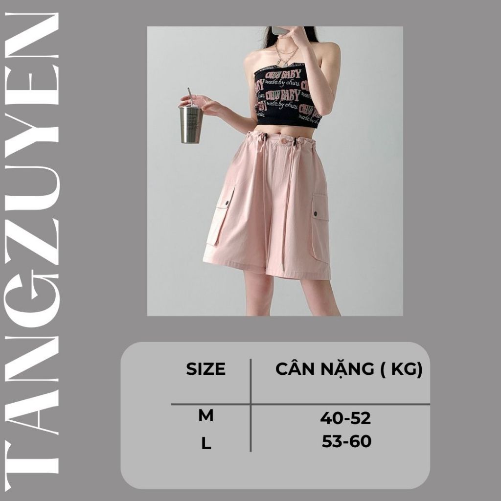 Quần short kaki mềm ống rộng túi hộp cạp rút Quần sooc ngố nữ đen hồng be xám có chốt điều chỉnh T69G