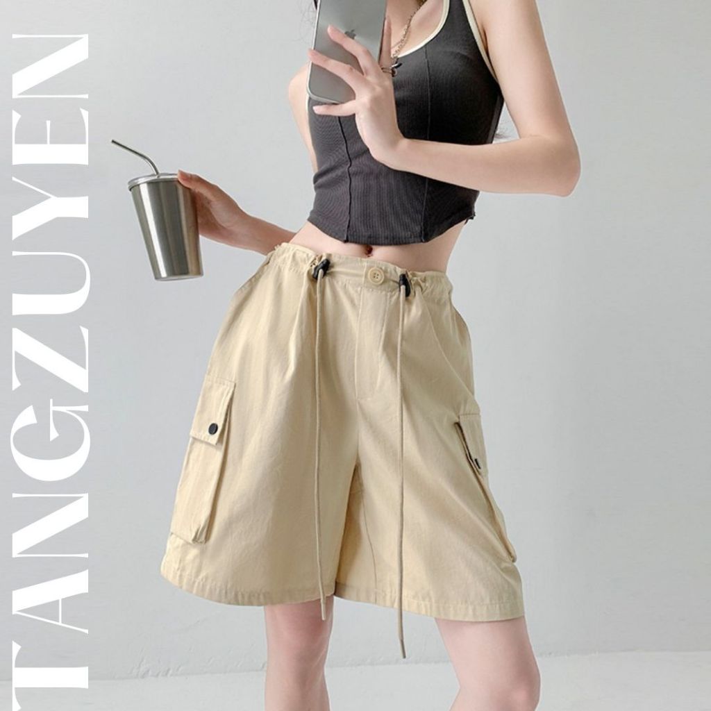 Quần short kaki mềm ống rộng túi hộp cạp rút Quần sooc ngố nữ đen hồng be xám có chốt điều chỉnh T69G