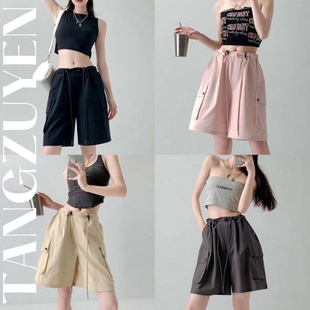 Quần short kaki mềm ống rộng túi hộp cạp rút Quần sooc ngố nữ đen hồng be xám có chốt điều chỉnh T69G