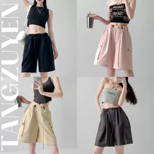 Quần short kaki mềm ống rộng túi hộp cạp rút Quần sooc ngố nữ đen hồng be xám có chốt điều chỉnh T69G