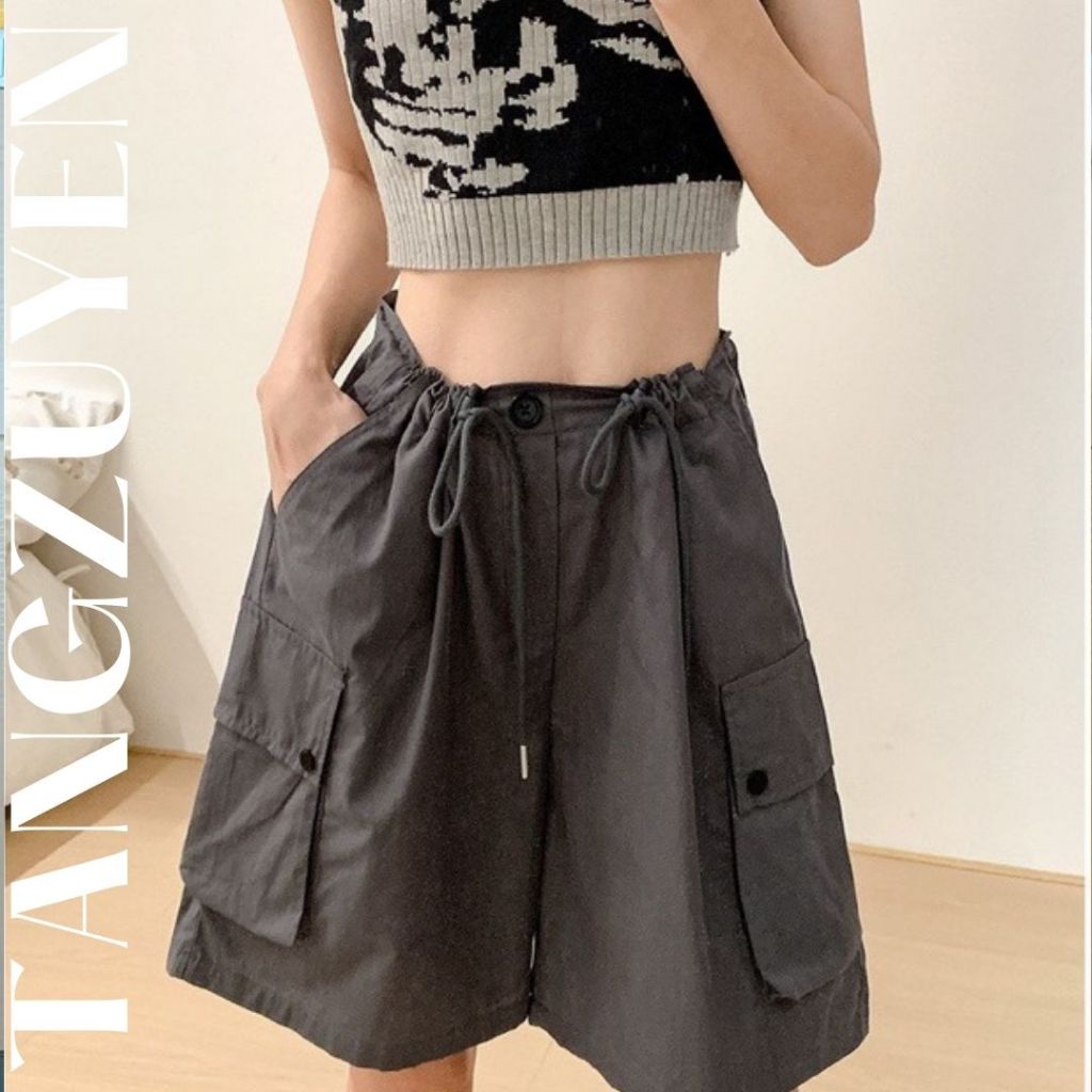 Quần short kaki mềm ống rộng túi hộp cạp rút Quần sooc ngố nữ đen hồng be xám có chốt điều chỉnh T69G