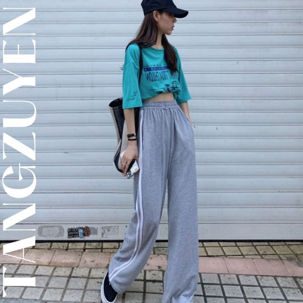 Quần thun ống rộng 2 sọc trắng cạp chun basic Quần thể dục thể thao ống suông nữ đi học đi chơi mặc nhà T71G