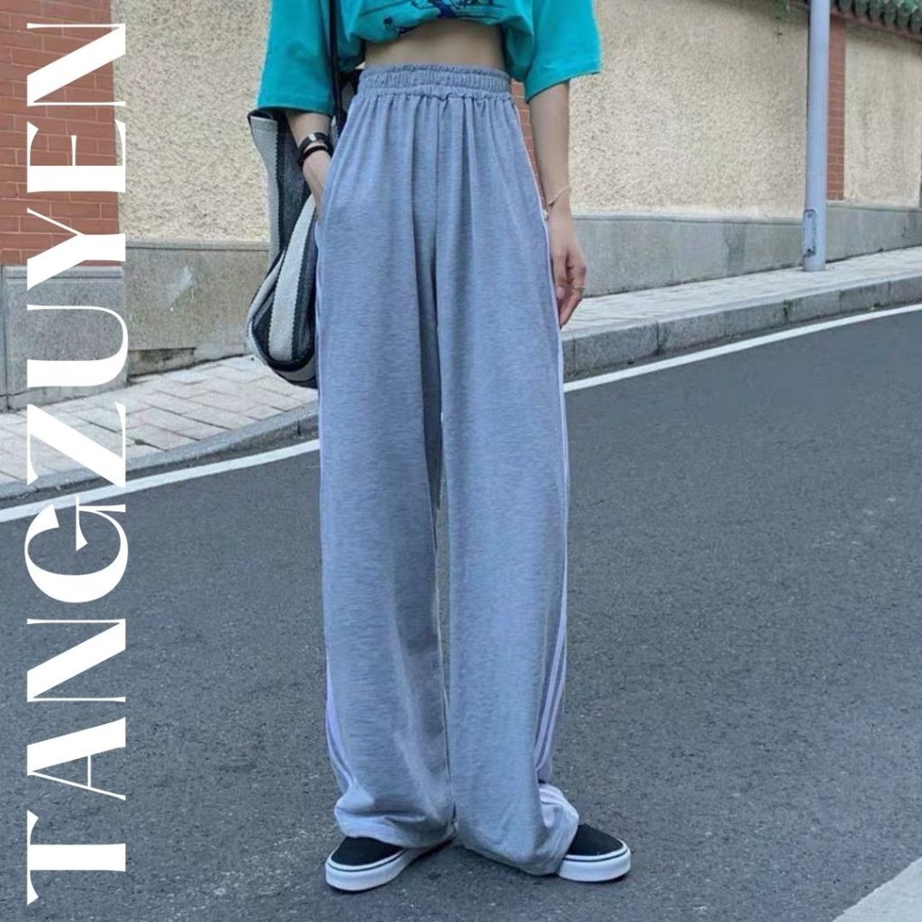Quần thun ống rộng 2 sọc trắng cạp chun basic Quần thể dục thể thao ống suông nữ đi học đi chơi mặc nhà T71G