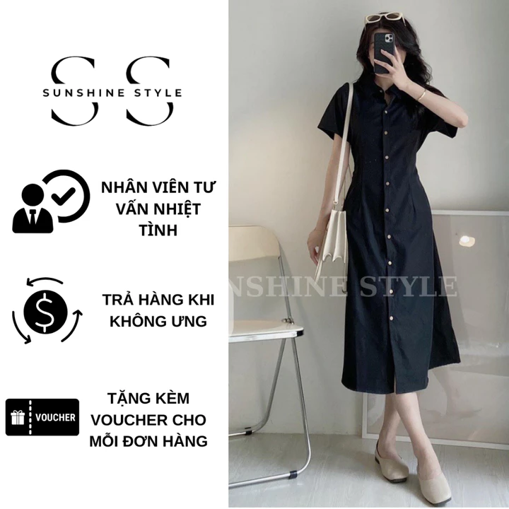 Đầm váy nữ bigsize Sunshine Style váy sơ mi thô đũi cộc tay chun eo dáng dài váy cổ polo 5915