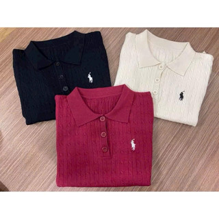 Áo len nữ cộc tay polo hình ngựa thêu cổ bẻ free size len xoắn thừng mã 389