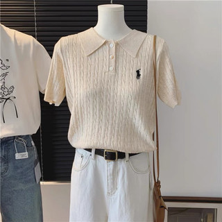 Áo len nữ cộc tay polo hình ngựa thêu cổ bẻ free size len xoắn thừng mã 389