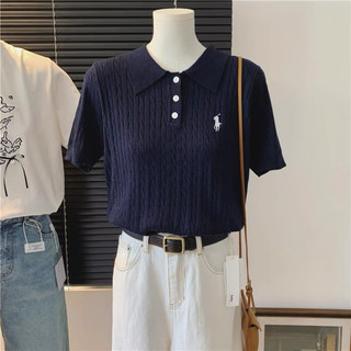 Áo len nữ cộc tay polo hình ngựa thêu cổ bẻ free size len xoắn thừng mã 389