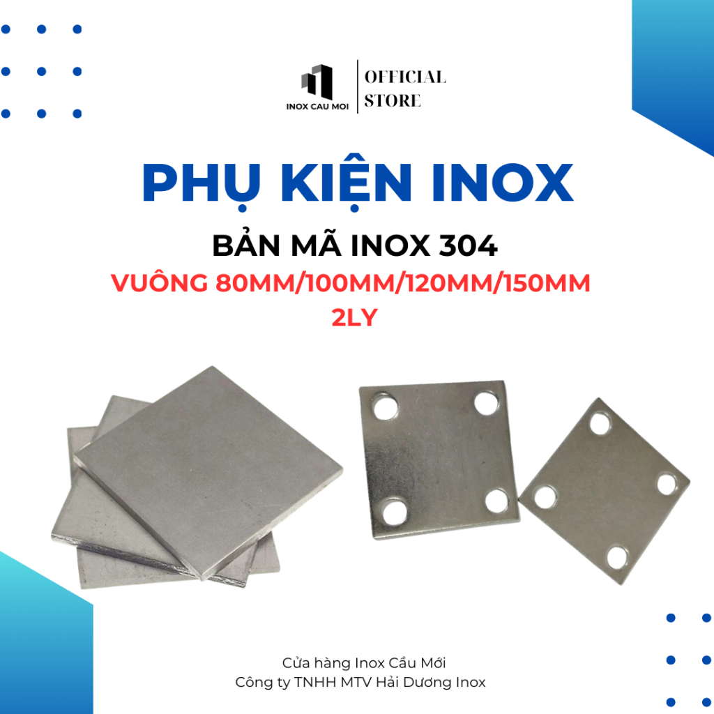 Bản mã inox 304, mặt bích inox vuông 8x8,10x10,12x12,15x15, 20x20, 25x25 dày 2.0ly