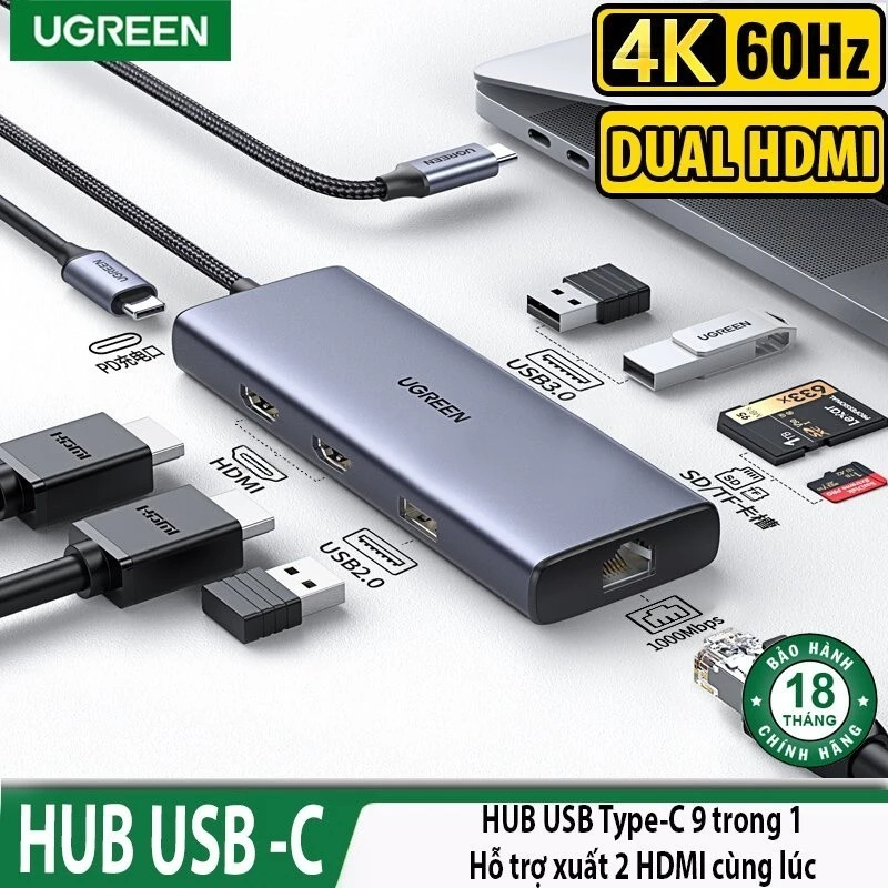 Hub Usb Type-C 2 cổng HDMI 9in1 4K@60Hz Ugreen 90119 Dual HDMI USB 3.2 ...