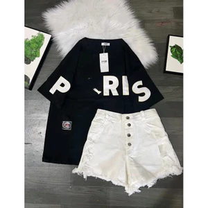 Set bộ áo thun ba ri mix quần jean 4 cúc trắng