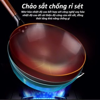 CHẢO XÀO SÂU LÒNG SIZE 32 - Chảo Thép Chống Dính Chiên Xào-Chảo Thép Tôi Sẵn Kháng Rỉ - Chống Dính Cán Gỗ Sồi Cao Cấp