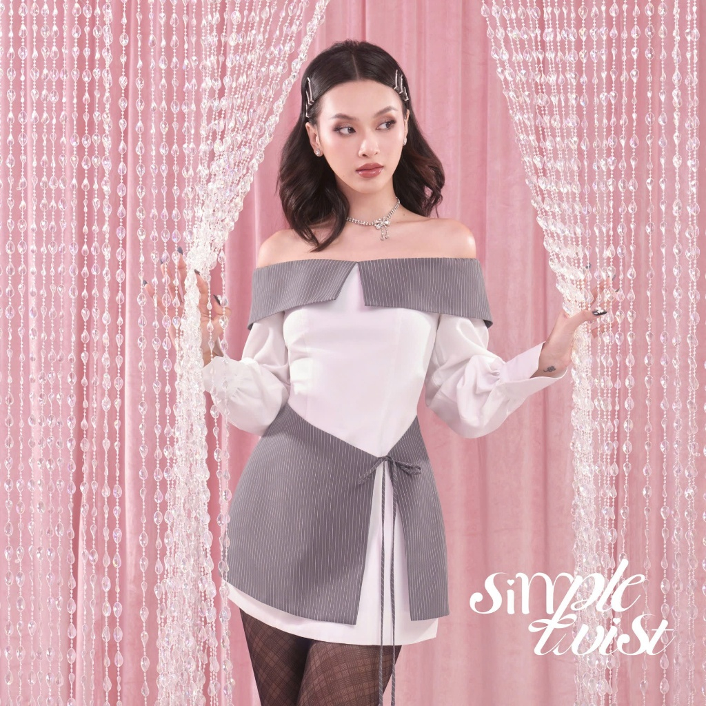 Ảnh Đầm trễ vai tay dài màu trắng phối xám sọc vạt chéo NEVER UNCOOL thanh lịch, tinh tế - Simple Twist 2