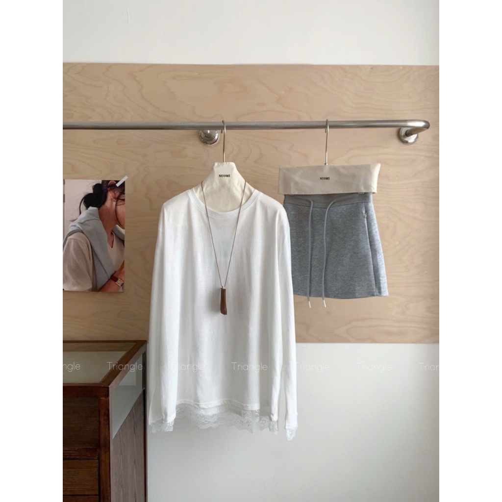 Triangle - (Big size trên 60kg) (Cân nhắc kỹ, không hoàn)- Offwhite shirt Áo thun trắng dáng rộng phối ren Hàn Quốc
