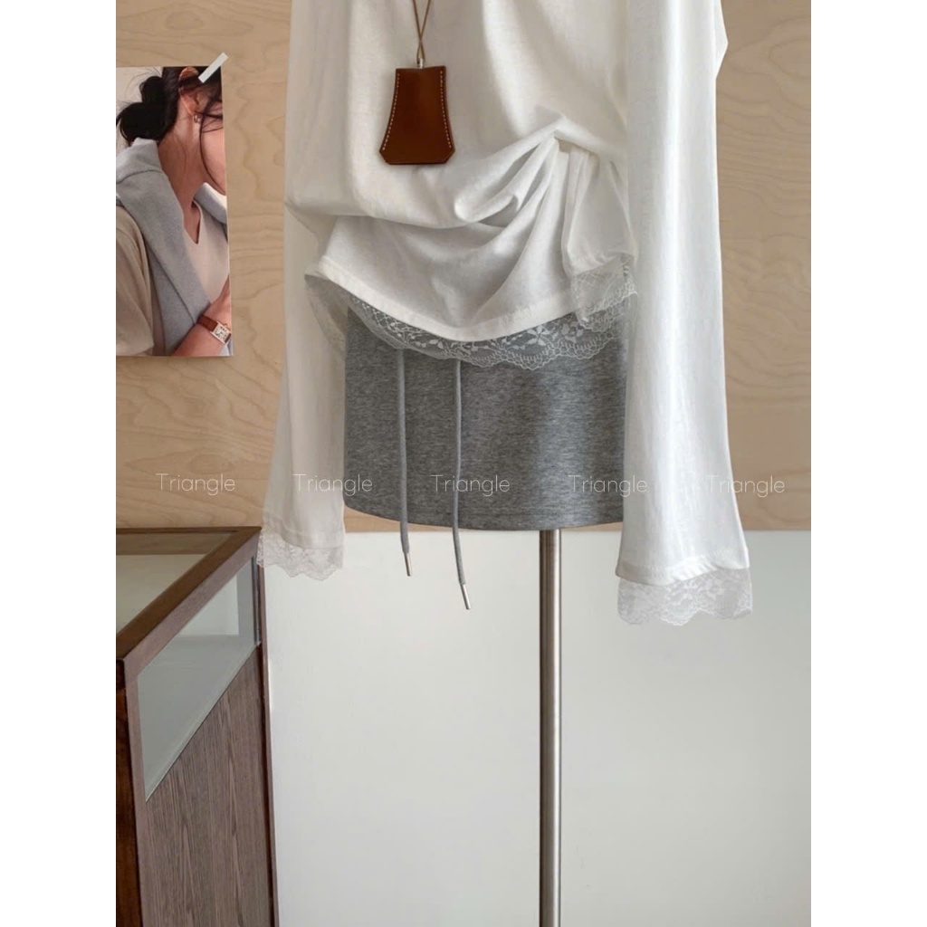 Triangle - (Big size trên 60kg) (Cân nhắc kỹ, không hoàn)- Offwhite shirt Áo thun trắng dáng rộng phối ren Hàn Quốc