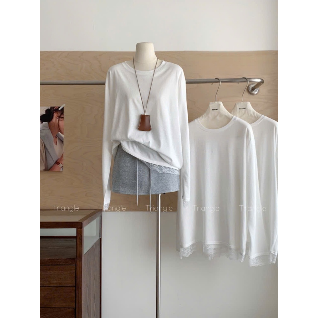 Triangle - (Big size trên 60kg) (Cân nhắc kỹ, không hoàn)- Offwhite shirt Áo thun trắng dáng rộng phối ren Hàn Quốc