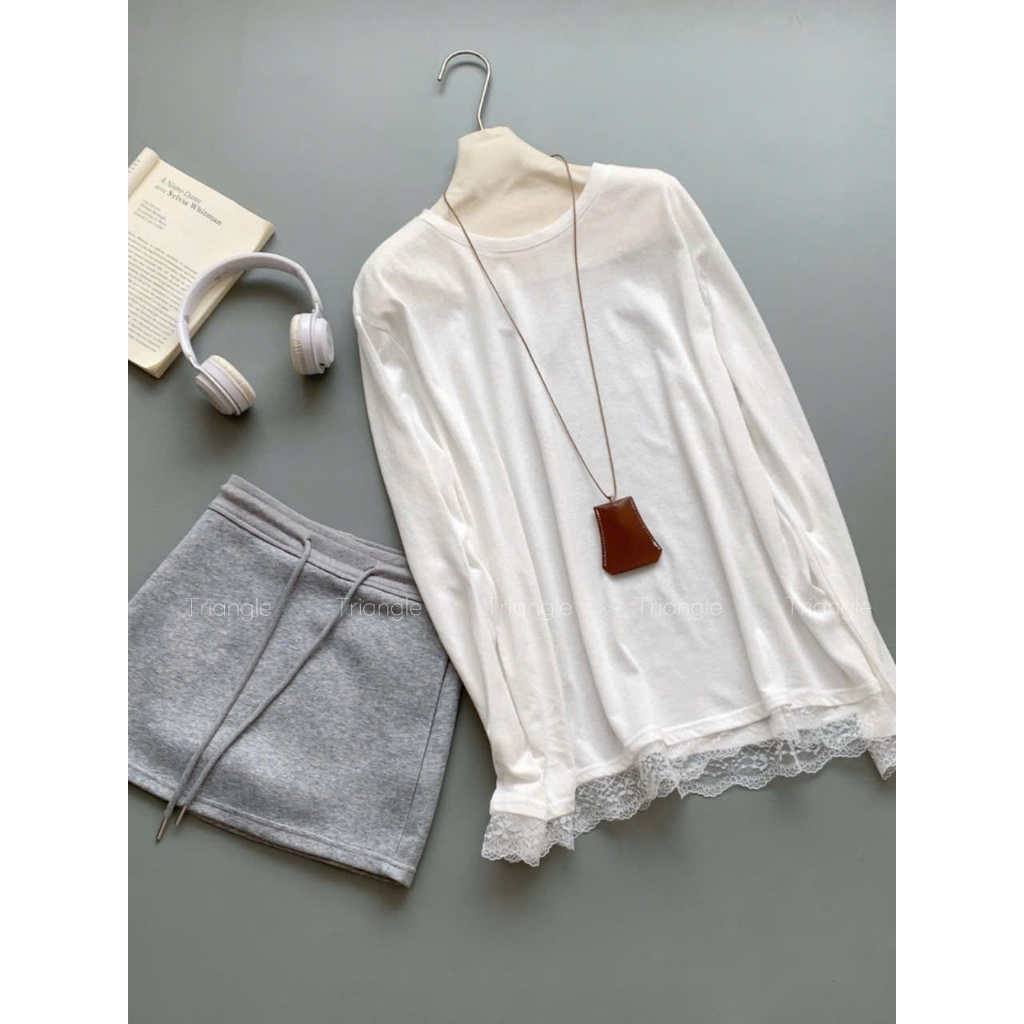 Triangle - (Big size trên 60kg) (Cân nhắc kỹ, không hoàn)- Offwhite shirt Áo thun trắng dáng rộng phối ren Hàn Quốc