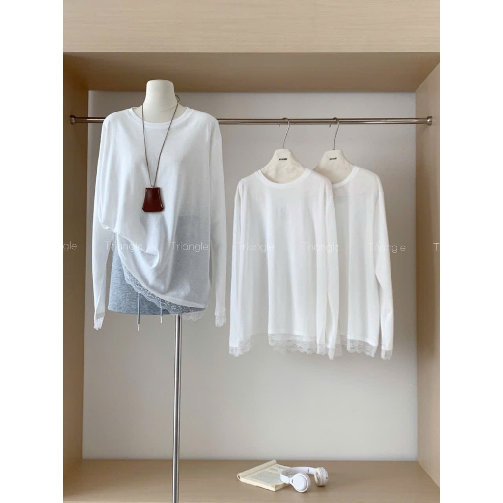Triangle - (Big size trên 60kg) (Cân nhắc kỹ, không hoàn)- Offwhite shirt Áo thun trắng dáng rộng phối ren Hàn Quốc