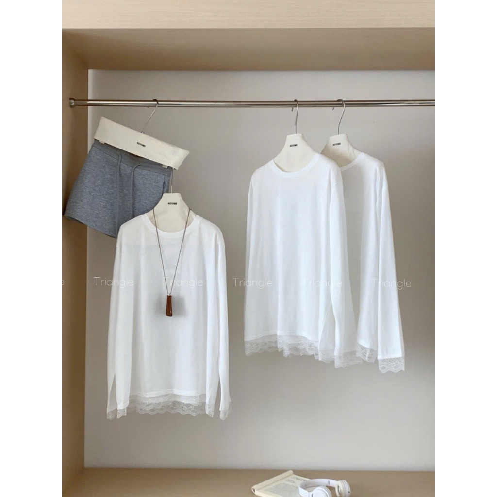 Triangle - (Big size trên 60kg) (Cân nhắc kỹ, không hoàn)- Offwhite shirt Áo thun trắng dáng rộng phối ren Hàn Quốc