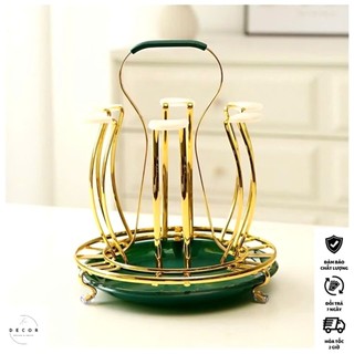 KHAY ÚP CỐC TAY CẦM XANH - Khay Úp Cốc Kèm Đế Xanh Hứng Nước Mạ Sơn Tĩnh Điện - Giá 6 Cốc Hoàng Kim: KHAY COC