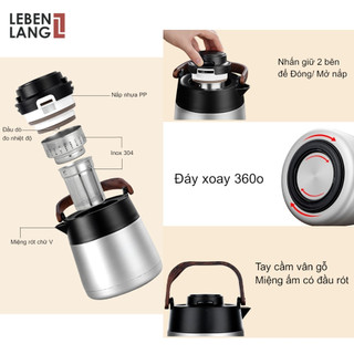 Phích Pha Trà Giữ Nhiệt Inox Lebenlang LBL3031 Có Lõi Lọc Trà, Dung Tích 1Lít, Ruột Tráng Men