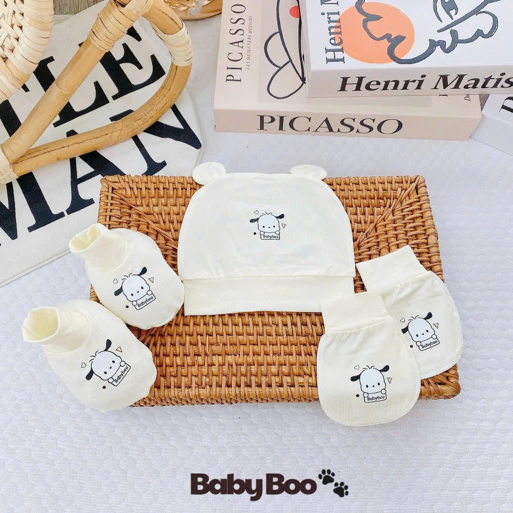 Sét mũ, bao tay, bao chân chất peptit Babyboo cho bé sơ sinh tai gấu cho bé sơ sinh TH02 - 3SBABY