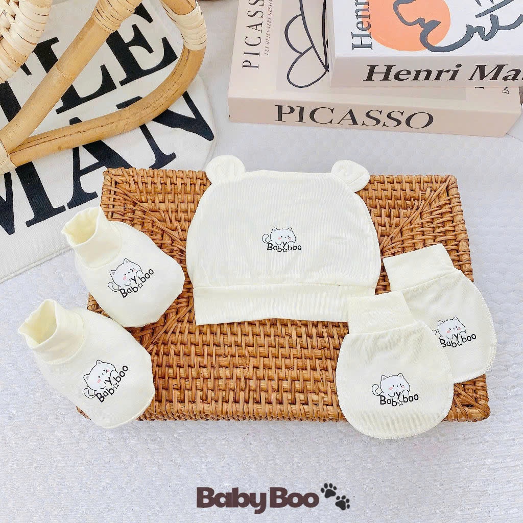 Sét mũ, bao tay, bao chân chất peptit Babyboo cho bé sơ sinh tai gấu cho bé sơ sinh TH02 - 3SBABY