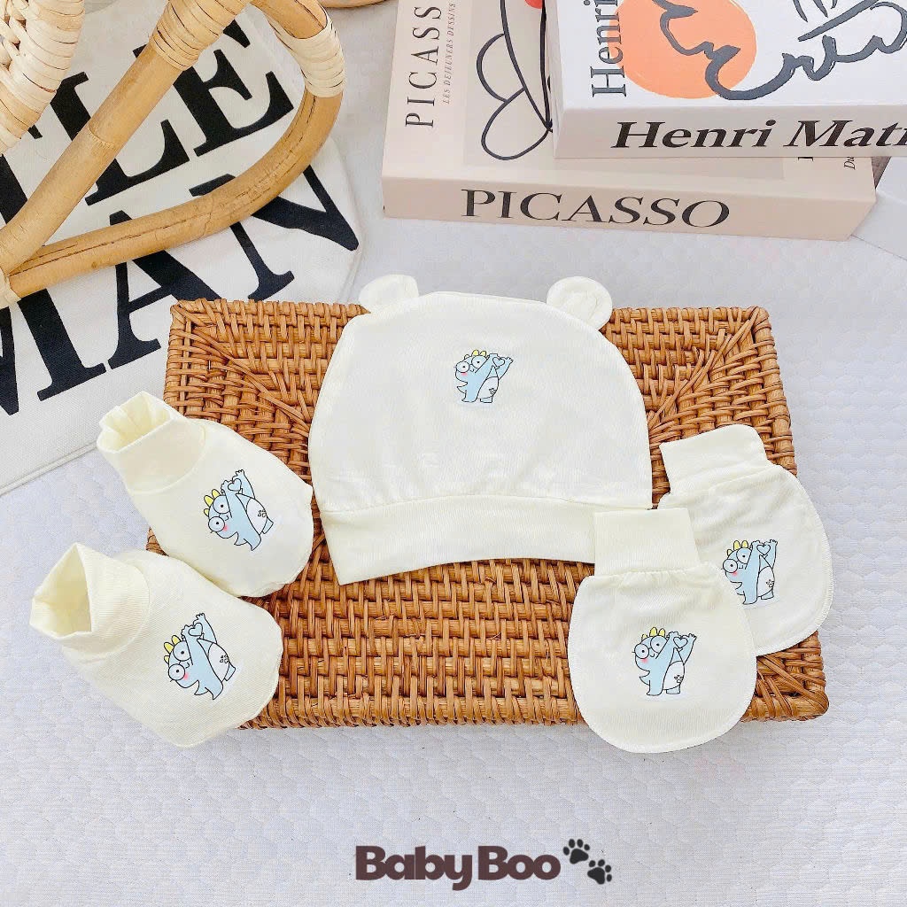 Sét mũ, bao tay, bao chân chất peptit Babyboo cho bé sơ sinh tai gấu cho bé sơ sinh TH02 - 3SBABY
