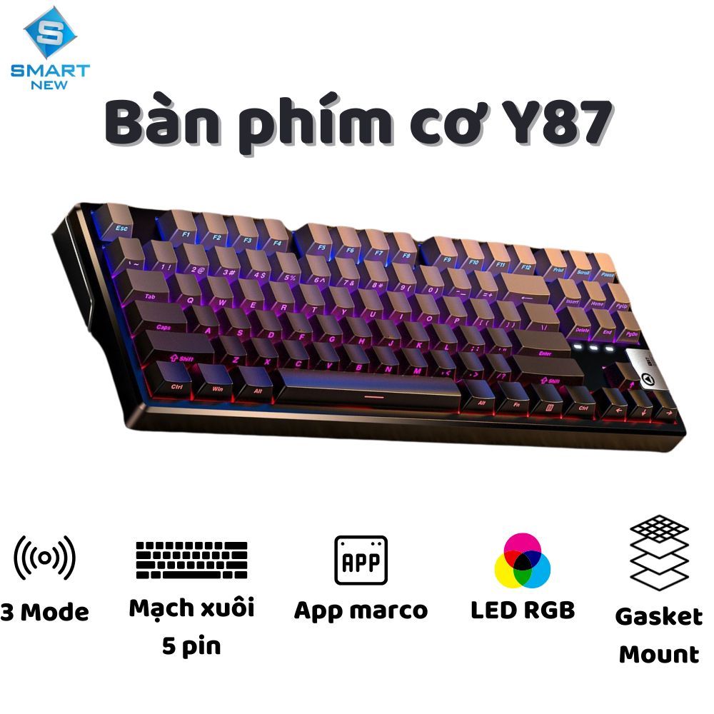 Bàn phím cơ không dây Y87 - 3 mode - Mạch xuôi 5 pin - App Marco - LED ...