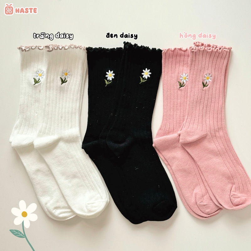 Tất Vớ Cổ Cao Viền Bèo Thêu Hình Hoa Cúc Daisy Chất Cotton Dành Cho Nữ